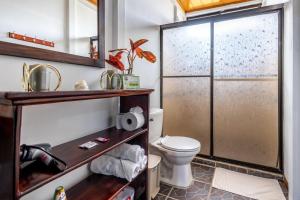 a bathroom with a toilet and a shower at Casa kattleya in Tortuguero