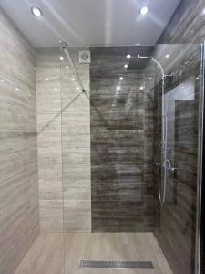 ein Bad mit einer Dusche und einer Glastür in der Unterkunft Apartment - Dzhordzha Vashynhtona in Lwiw