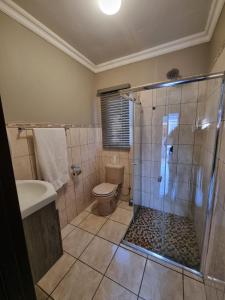 uma casa de banho com um chuveiro, um WC e um lavatório. em The Cape Lodge em Upington