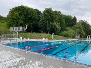 a large swimming pool with a person jumping in the air at La Vie en rose in Greifenberg