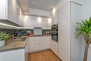 a kitchen with white cabinets and a potted plant at SUPERIOR AIRPORT SUITE, FREE Parking, Stylish, BALCONY, Two Bathrooms, Close To Airport, Station & Centre in Luton