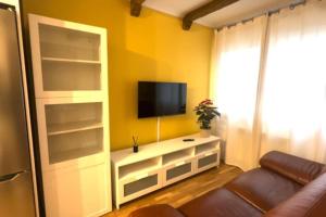 un soggiorno con divano e TV a schermo piatto di Apartamento Santiagos Road a O Pedrouzo