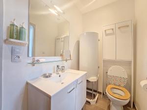 een badkamer met een wastafel, een toilet en een spiegel bij Le Régemortes, centre ville et proche du CNCS, avec services premium by PRIMO C0NCIERGERIE in Moulins
