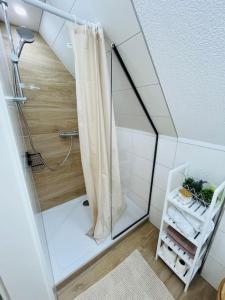 赫爾博恩的住宿－Mia’sFerienwohnung/Monteurwohnung，带淋浴和浴帘的浴室