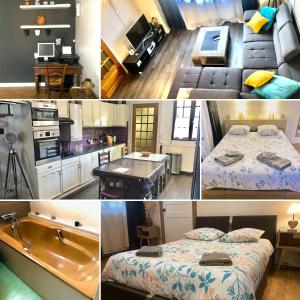 eine Collage mit Fotos von einer Küche und einem Schlafzimmer in der Unterkunft Logements Un Coin de Bigorre - La Pyrénéenne - 130m2 - Canal plus, Netflix, Rmc Sport - Wifi fibre - Village campagne in Tournay