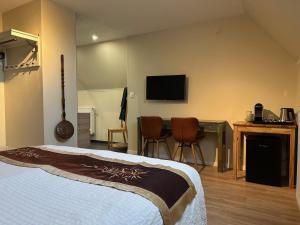 Habitación de hotel con cama y TV en la pared en Guesthouse Orchid, en Brujas