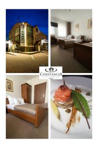a collage of four pictures of a hotel room at Hotel Constancja in Częstochowa