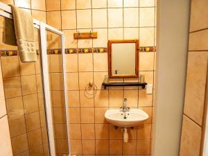 a bathroom with a sink and a mirror at Bushbabies-Inn Self-Catering Accommodation in Swakopmund