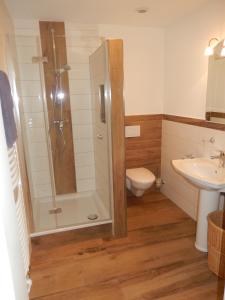 uma casa de banho com um chuveiro, um WC e um lavatório. em Ferienwohnung Oberhubhof em Hofstetten