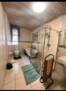 a bathroom with a shower and a tub and a toilet at OakTree Guest House in Sandton