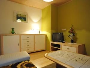 een woonkamer met een tv en een bank bij Ferienhaus Nickl in Weissbriach