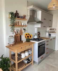 a kitchen with a counter and a stove top oven at Osho home in Lucknow