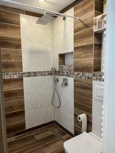 een badkamer met een douche en een toilet bij RES 114 - Residenz in Scharbeutz
