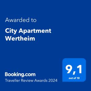 Πιστοποιητικό, βραβείο, πινακίδα ή έγγραφο που προβάλλεται στο City Apartment Wertheim