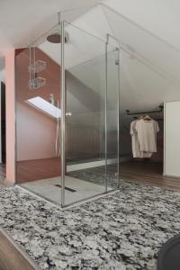 Una ducha de cristal en una habitación con alfombra en Al Ponticello, en Comacchio