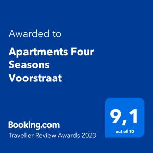 een blauw tekstvak met de woorden geüpgraded naar appartementen vier seizoensgebonden nasi bij Apartments Four Seasons Voorstraat in Egmond aan Zee