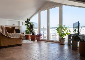 a living room with potted plants and a large window at Rodon Apartment with Great View, Sauna and Jacuzzi in Litochoro