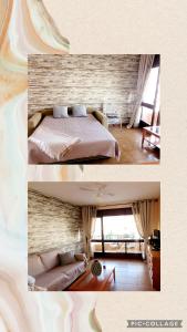 薩洛的住宿－Colóm vacaciones felices，一张床位和客厅卧室的两张照片
