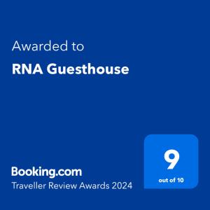 Ett certifikat, pris eller annat dokument som visas upp på RNA Guesthouse