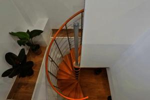 a spiral staircase in a room with a plant at 336 Mila Suite - Charming Parisian apartment in Vanves