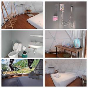 a collage of pictures of a room with a shower and a toilet at River hill khaoyai camping in Pong Talong