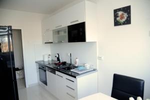 uma pequena cozinha com fogão e micro-ondas em Irina Lux Apartment em Negotin