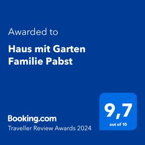 Certifikát, ocenenie alebo iný dokument vystavený v ubytovaní Haus mit Garten Familie Pabst