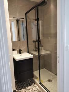 uma casa de banho com um chuveiro, um lavatório e um espelho. em Saint-Ger, what else ! em Saint-Germain-en-Laye