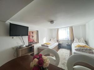 a small living room with two beds and a tv at Apartment don bosco in Graz