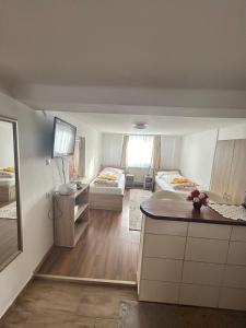 グラーツにあるApartment don boscoのベッド2台付きの部屋、キッチン(カウンター付)