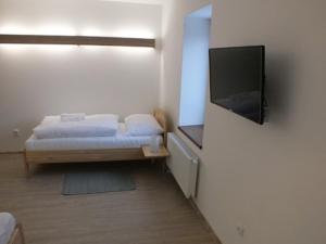 um pequeno quarto com uma cama e uma televisão de ecrã plano em Penzion U Koruny em Ústí nad Labem