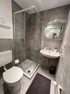 a bathroom with a shower and a toilet and a sink at Studioapartment/Messewohnung in Cologne