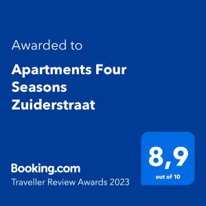 Certifikát, hodnocení, plakát nebo jiný dokument vystavený v ubytování Apartments Four Seasons Zuiderstraat