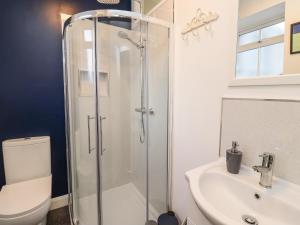 a bathroom with a shower and a toilet and a sink at 2A Front Street in Alnwick