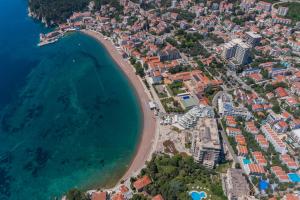 an aerial view of a beach and the ocean at Apartments Del Mar in Petrovac na Moru