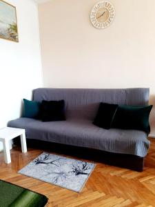 ワルシャワにあるSady Flatのソファ付きのリビングルーム(壁掛け時計付)