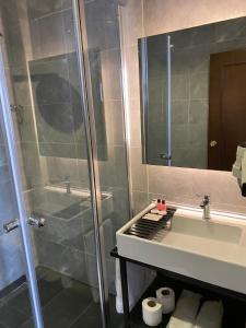 イスタンブールにあるVilla Sofiaのバスルーム(シャワー、シンク、鏡付)