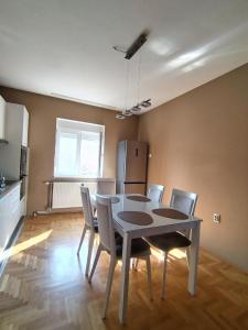 - une cuisine avec une table et des chaises dans la chambre dans l'établissement TEA APARTMAN, à Niš