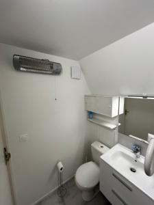 uma casa de banho com um WC branco e um lavatório. em L'Horizon em Villers-sur-Mer