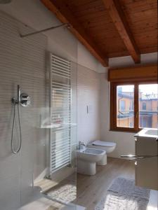 a bathroom with a shower and a toilet and a sink at Mansarda Raffaello in Seregno