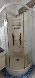een douche met een glazen deur in de badkamer bij La Villa des Palmiers Bleus - Piscine & Jardin in Matoury
