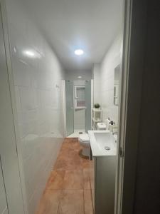 biała łazienka z toaletą i umywalką w obiekcie El apartamento de Ana -Jerez w mieście Jerez de la Frontera