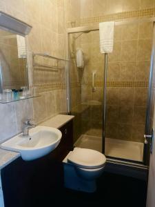 a bathroom with a toilet and a sink and a shower at The Wash & Tope in Hunstanton