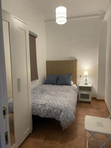 sypialnia z łóżkiem z niebieskimi poduszkami w obiekcie El apartamento de Ana -Jerez w mieście Jerez de la Frontera