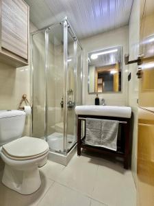 uma casa de banho com um chuveiro, um WC e um lavatório. em Habitación en la Bahía de Cádiz em San Fernando