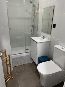 ein Bad mit einer Dusche, einem WC und einem Waschbecken in der Unterkunft Modular Suites Alfonso Gómez in Madrid