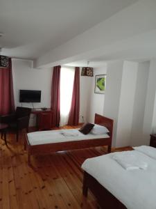 una camera d'albergo con due letti e una televisione di Turistički centar Andrićgrad a Višegrad