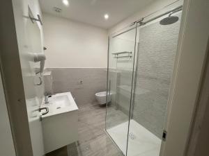 une salle de bain avec une douche en verre et un lavabo dans l'établissement Saint Michel 3 piano, à Gorizia