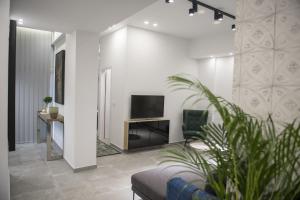 a living room with a couch and a tv in a room at STAY Urban Skin Suite in Nicosia
