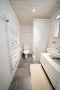 a white bathroom with a toilet and a sink at Bijou Studio with Ambiance near Lake in Faulensee